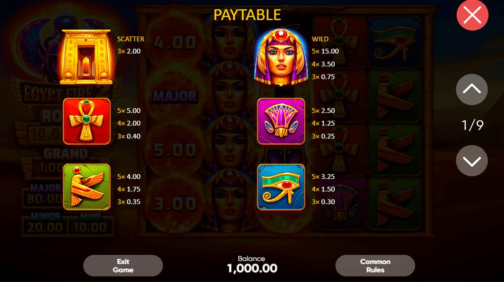 Egypt Fire 2 Symbols & Paytable