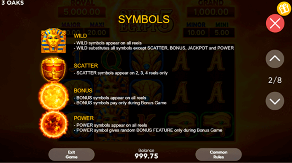 Sun of Egypt 5: Hold and Win Symbols & Paytable